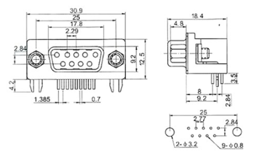DB9 PCB Mount D-Sub 9 pin PCB Connector RS232 Connector 90-degree - Male
