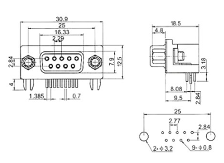 DB9 PCB Mount D-Sub 9 pin PCB Connector RS232 Connector 90-degree - Female