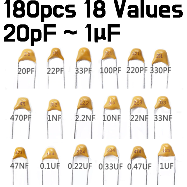 Capacitor Kit - Monolithic Capacitors Assortment Kit - 20PF-1UF 50V / 18Values /180pcs