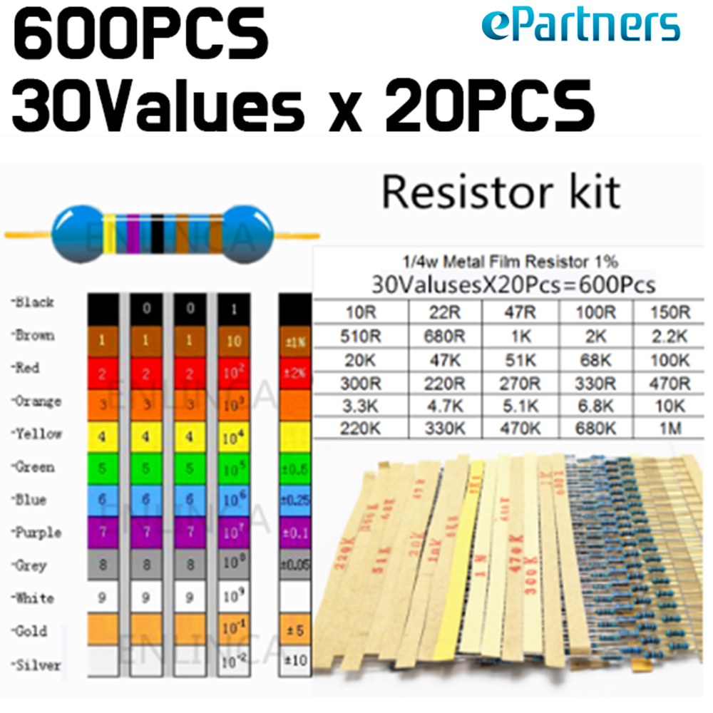Resistor kit 30 Values x 20pcs(600pcs) 1% 1/4 W