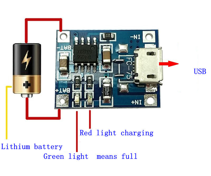 TP4056 BMS - Lithium 18650  Battery Charger with Micro USB - 5V 1A