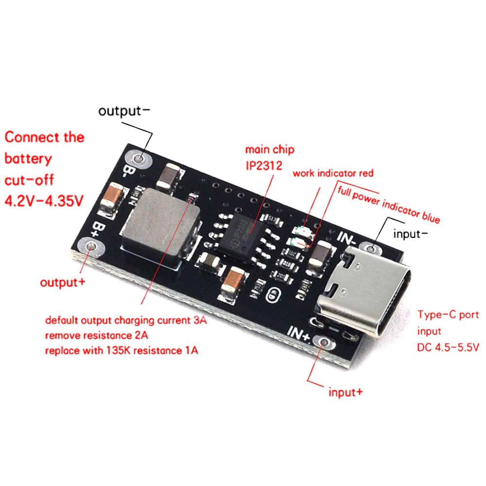 Type C USB High Current 3A 18650  Lithium Battery Fast Charger CCCV 5V to 4.2V