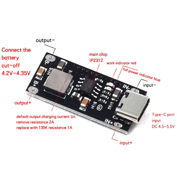 18650 Battery Charger Board - Type C USB High Current 3A 18650  Lithium Battery Fast Charger CCCV 5V to 4.2V